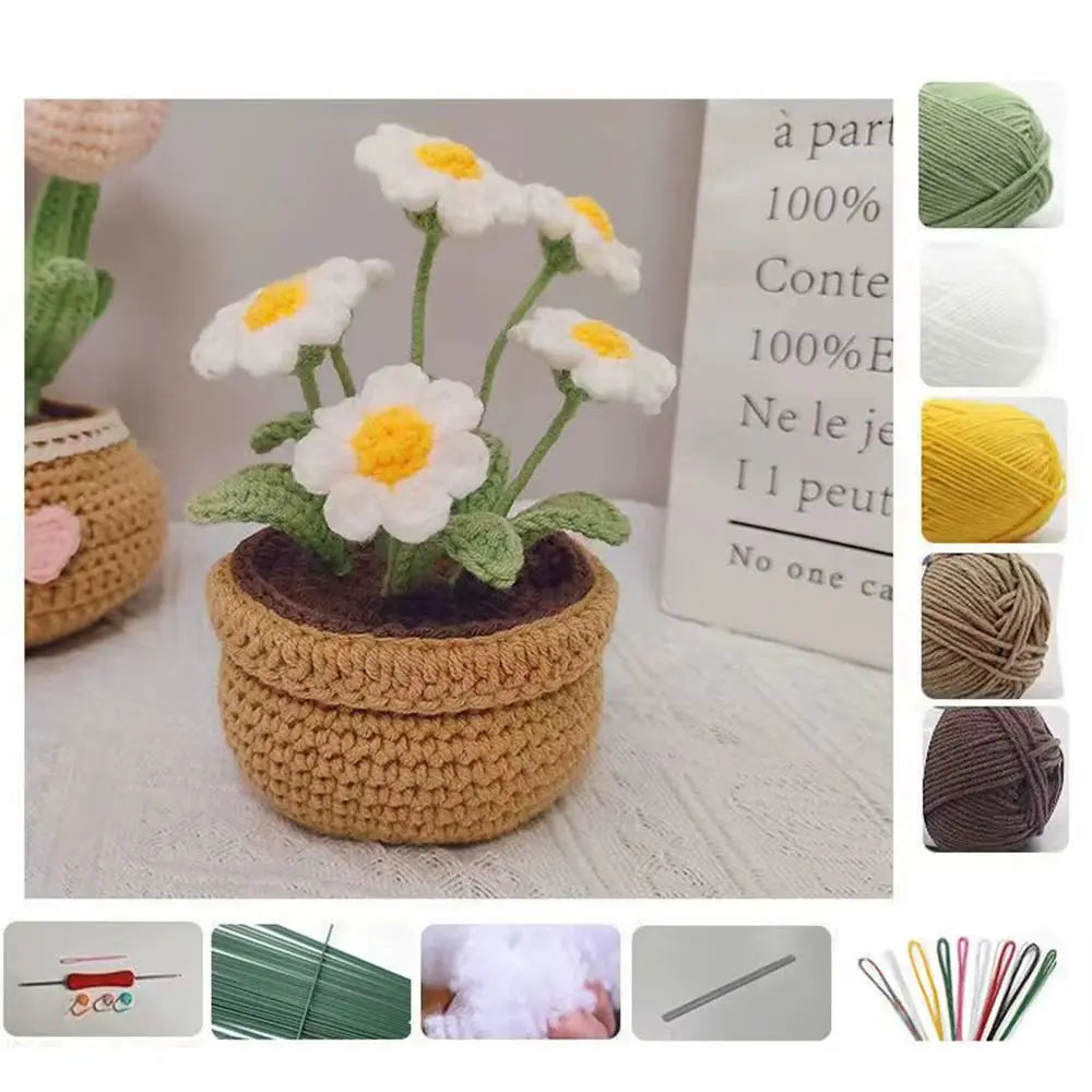 Handmade DIY Tulip Flowers Plant Potted Crochet Knitting Kit for Adults and Kids Crochet Starter Knitting Kit