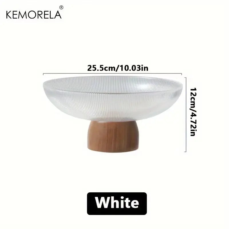 1PCS Glass Fruit Bowl Large Dessert Glass Bowl Wood Pedestal Bowl for Table Décor Fruit Bowl for Kitchen Counter Decor